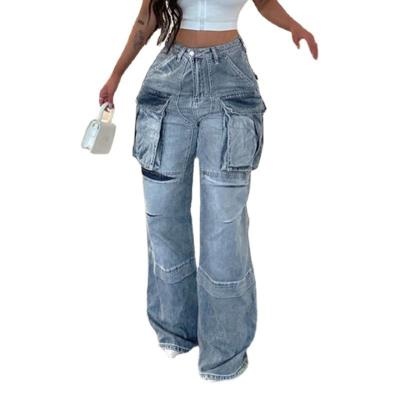 China Breathable OEM women baggy trousers high rise multi pockets faded washed denim boyfriend style wide leg cargo jeans for sale