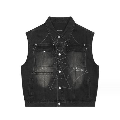 China Other 2023 NEW style  Washed spider embroidery Loose sleeveless lapel denim vest High street vest for sale