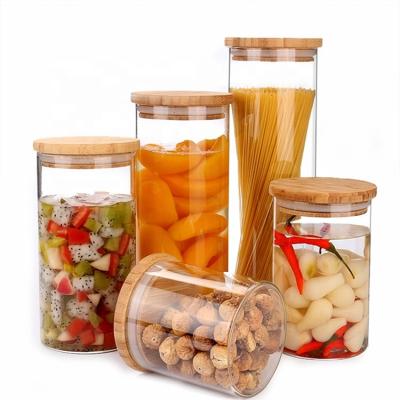 China Wholesale Viable Airtight Food Storage Canister Around Bamboo Lid Glass Jar Pasta Glass Container With Wooden Lid for sale