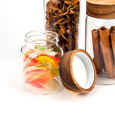 China Viable Glass Jar With Screw Lid Woodland Acacia Gasket Wooden Food Jar With Lid Glass Storage Jars for sale