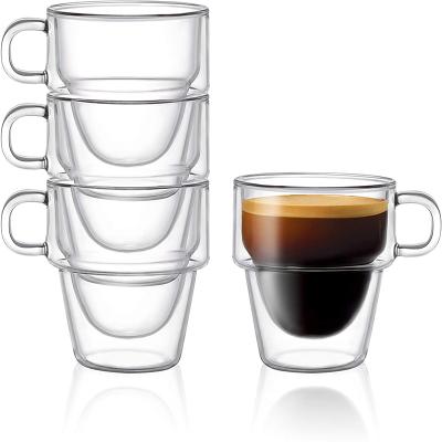 China Double Sustainable Environmental Friendly Transparent Stackable Glass Mug With Handle Glass Coffee Mug And Tea Mug for sale