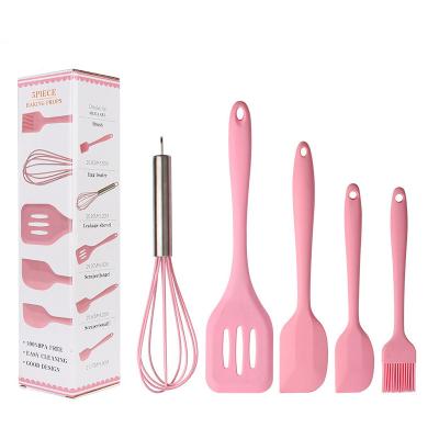 China Viable Hot Sale Kitchen Tool 5pcs Silicone Nonstick Heat Resistant Wooden Utensil Set for sale