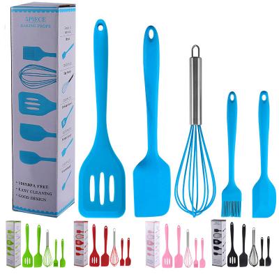 China Sustainable 5 Pieces In 1 Set Silicone Kitchen Accessories Cooking Tools Silicone Kitchen Utensils With Wooden Handles for sale