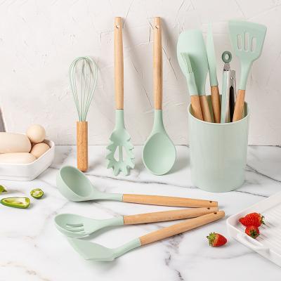 China Factory direct viable non-stick Pan Silicone Non-stick Kitchenware Wooden Handles 12PCS Silicone Kitchen Utensils Set for sale