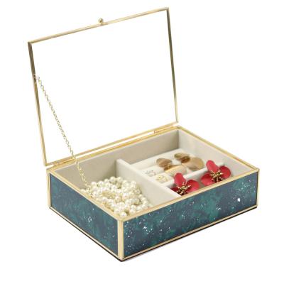 China Custom Shell Pattern Ring Box Metal Frame Glass Jewelry Box for sale