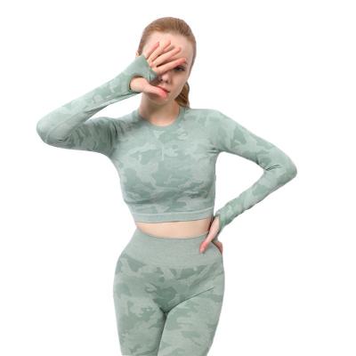 China F-3162 Women Warm Breathable Camouflage Yoga Tops Fashion Quick Dry Sportswear Long Sleeve Seamless Yoga Crop Tops for sale