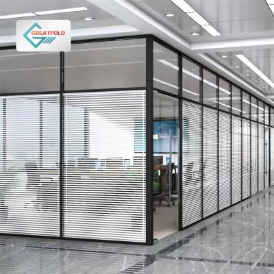 China Contemporary Glazed Aluminum Frame Modular Office Double Glass Walls Tempered Interior Full Height Office Glass Wall Partition With Blinds for sale