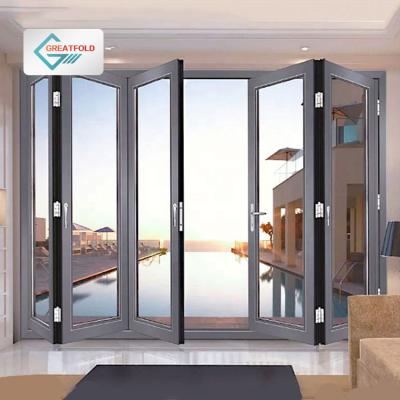 China Heat Insulation/Waterproof/Soundproof Patio Glass Bi Folding Door Aluminum Sliding Doors Double Folding Glass Doors For Exterior for sale