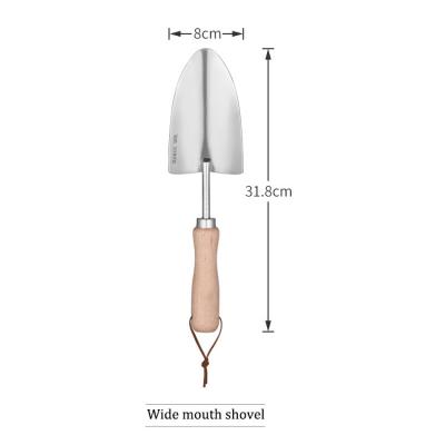 China Wooden handle stainless steel transplanting and excavation gardening tools soil shovel, fork, can be used for planting, digging, camping for sale