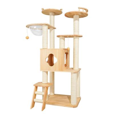 China Liveable Pet Cat Product Tall Modern Wood Beige Floor To Ceiling Cat Tower Wood Cat Tree Multilevel for sale