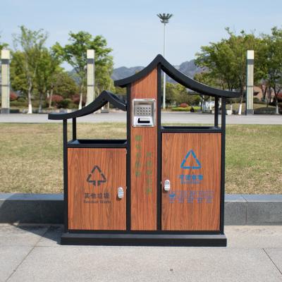 China Woodview Sustainable Outdoor Recycling Trash Can With Double Litter Bin And Bin , Plastic Wood Outdoor Double Trash Can for sale