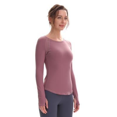 China New Sweat-Wicking Yoga Long Sleeve Women Mesh Round Elastic Tights Stitching Thumb Hole Tied Highs Running Fitness Yoga Clothes for sale