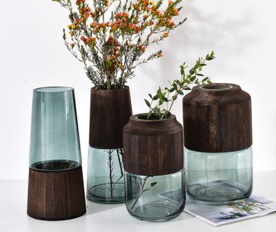 China Simple and modern creative wooden bucket modern transparent glass vase for living room for sale