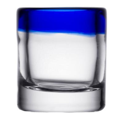 China Lead Free Crystal Glass MEXICAN GLASSWARE Artisan Crafted Recycled Hand Blown 2.5 oz. Rocks shot glass with cobalt blue rim for sale