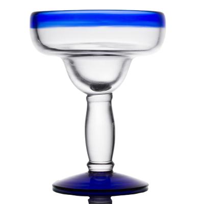 China Lead Free Crystal Glass MEXICAN GLASSWARE Artisan Crafted Hand Crafted Recycled Aruba Blown 12 oz. Margarita Glass with cobalt blue rim and base for sale