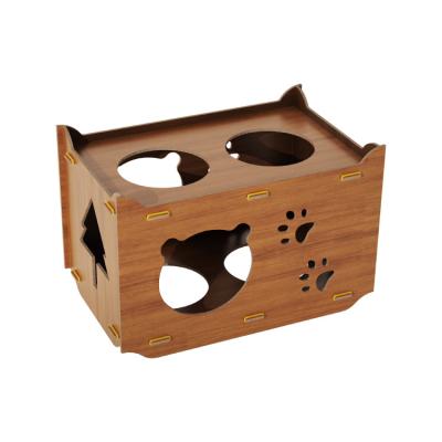 China Brown Wooden Cat Bed Nest with Animal Pattern Portable Cat House Bed Wooden for sale