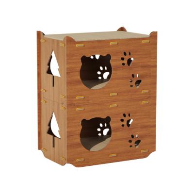 China Integrated Wooden Vertical Double-Layer Stacked Cat House Cat Scratch Board Modern Cat Furniture for sale