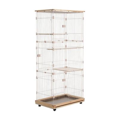 China Wooden 4-tier Metal Wire Cat Cage Playpen Kennel Crate with Wheels Large Beige/Brown for sale