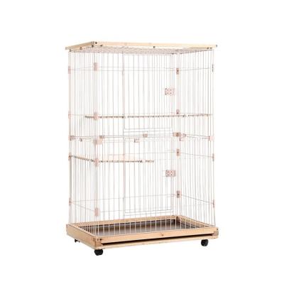 China 3 Layer Metal Wired Cat Cage with Wooden Frame and Button Closure in Beige/Brown for sale