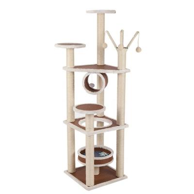 China All-Season Large Cat Tree Sisal Tower Wooden Cat Condo With Rattan Mat for sale