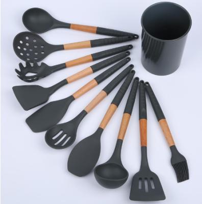 China Wooden Handle Viable Silica Gel Kitchenware Frying Scoop Soup Spoon Powder Claw 11 Piece Set Cookware Wholesale for sale