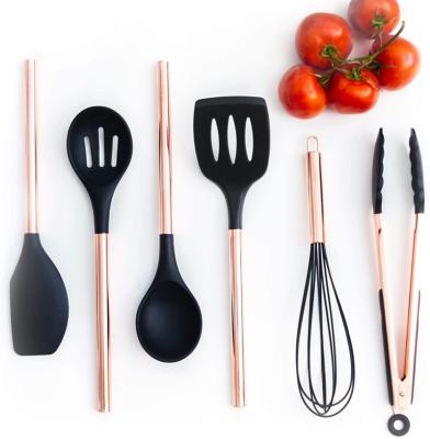 China New Style 304 Stainless Steel Durable Plating Gold and Copper 6pcs Multifunctional Kitchen Utensils Set Silicone Utensil Set for sale