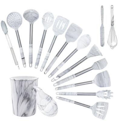 China Sustainable Cookware Food Grade Silicone Kitchen Utensils With Stainless Steel Handle Multi Functional Marble Kitchen Utensils 15pcs Set for sale