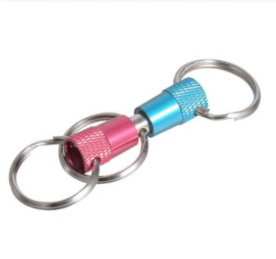 China Amazon Promotion Gift Red/Blue/Silver Quick Release Key Rings Three Way Purchase Key Chain Pull Lock Stand Dual Split Rings for sale