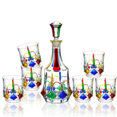 China Lead Free Colorful Hand Painted Custom Revolving Glass Whiskey Bottle Stemware Set for sale