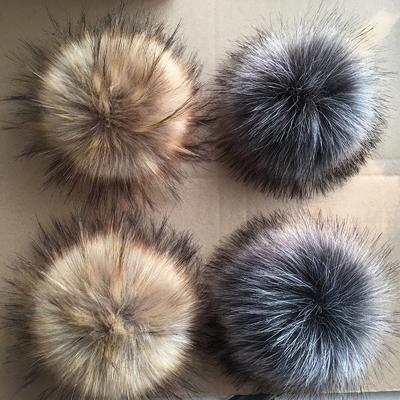 China Real Soft Hand Feeling Raccoon Fox Fur Pompom With Big Button Fur Ball For Beanies DIY Fur Accessories for sale