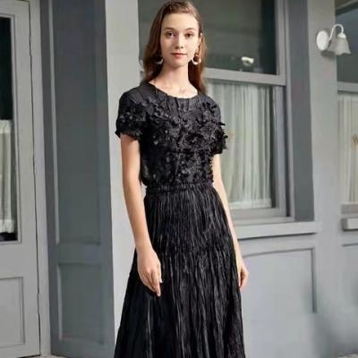 China Washable 2022 Hot sale Europe style fashion casual embossed splicing pleated slim wholesale custom dress for sale