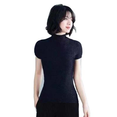 China Anti-wrinkle 2022 Latest Summer Korean Style Office Lady Stand Collar Short Sleeve T-Shirt Casual Elegant Women Chiffon Tops for sale