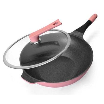 China Sustainable Non-stick Coating Colore Kitchen Aluminum Pink Cookware Smokeless Frying Pan With Tempered Glass Lid for sale