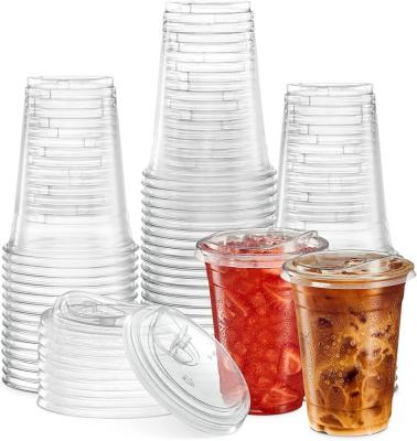 China Single Wall Custom Logo Printed Transparent 10oz 12oz 16oz PET Plastic Cold Beverage Drinks Cup with Lids Clear Plastic Cola Cup for sale