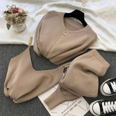 China New Suit Autumn Fashion Women's Anti-pilling Temperament Soft Vest Knitted Elastic Casual Jacket Pants Women 3 Pieces Set Women for sale