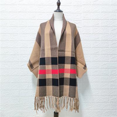 China 2021New Breathable Ladies Double Side Warm Tassels Fringe Vertical Stripe Winter Long Knit Woolen Shawl for sale