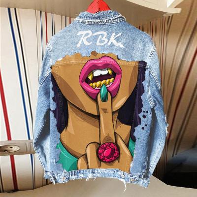 China European and American Hot Selling Gold Finger Fashion Anti-wrinkle Amazon Tooth Printed Denim Jacket Women's Denim Jacket for sale