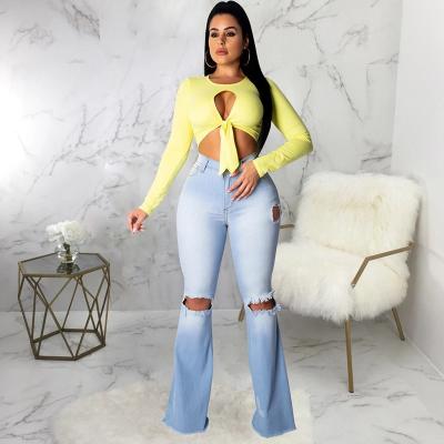 China Breathable Long Skinny Wash Pants Zipper Mom Jeans High Waist Elastic Stretch Ripped Pants Women Flare Jeans for sale