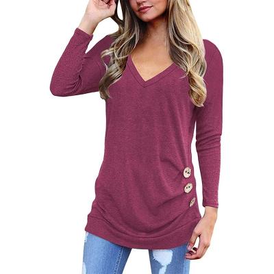 China Anti-wrinkle 2021 fall women clothes long sleeve buttons tunic tops solid color slim v-neck side buttons ladies T-shirt blouse for sale