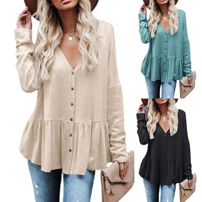 China Anti-wrinkle Fashion Solid Color Elegant Long Sleeve Casual Straight Button Knit Cardigan Coat Pleated V Neck Women Blouse Top Shirt for sale