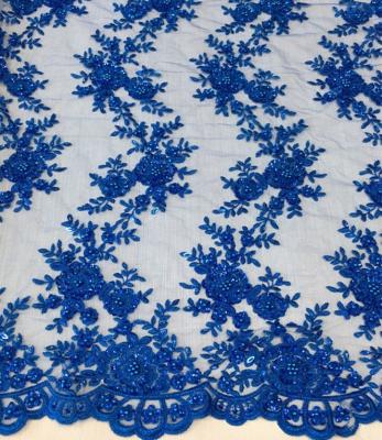 China Blue Shrink-Resistant All Over Luxury Metallic Tulle Beaded Lace Fabric Hand Embroidery Embroidery Designs For Dress for sale