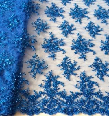 China New Arrival Shrink-Resistant Royal Blue Metallic Embroidered Beaded Lace Fabric/Hand Embroidery Tulle Tulle Designs For Dress, Hot Sale Stock Fabric for sale