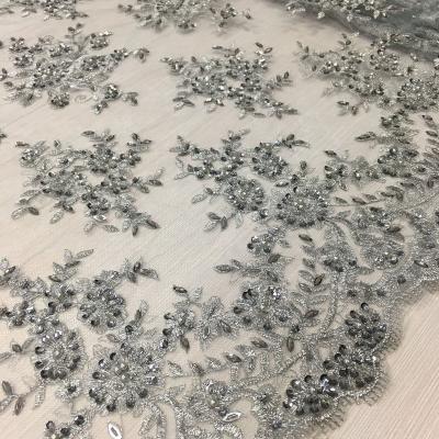 China Best Shrink-Resistant Selling Gray Metallic Lace Hand Embroidered Tulle Beaded Fabric Wholesale Beaded Lace Fabric Embroidery for sale