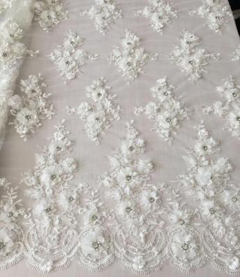 China Luxury Bridal Lace Fabric 3d Flower Lace Embroidery Bridal Applique With Beads Rhinestones Sequin Embroidered Lace Fabric For Dress for sale