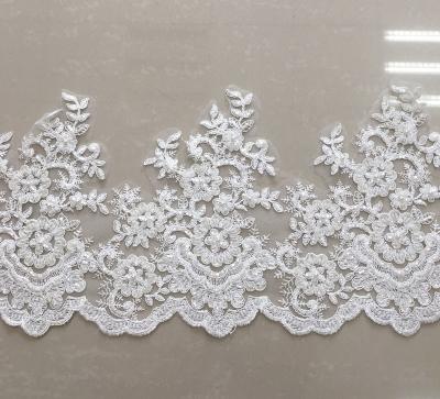 China Shrink-Resistant Off White Embroidery Bridal Border Lace Trim with Hand Beaded Cord Lace for Dress or Garment, Wholesale Beaded Lace Trim for sale