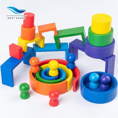 China Wooden Rainbow Montessori Education Kids Stacker Early Brick Building Blocks Toy Learning Game Family Creative Building Blocks for sale