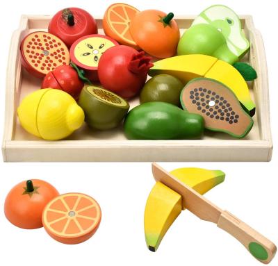 China Cooking Game Toys Wooden Cut Fruit Vegetables Pretend Play Food Set For Kids With Knife And Tray Wooden Learning Toys For Toddlers for sale