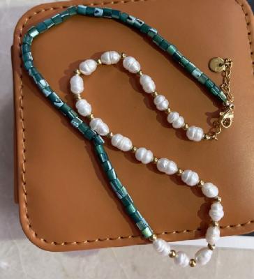 China Vintage Designer Freshwater Pearl Mixed Stainless Steel and Green Malachite Necklace for Women for sale