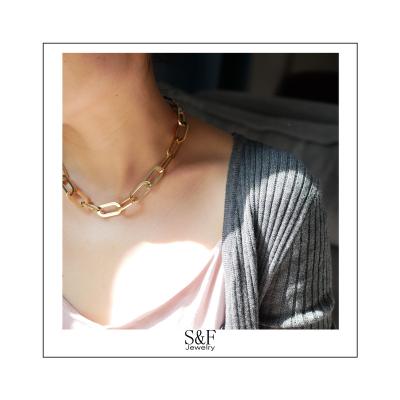 China Fashion Stainless Steel Round Rectangle Chain Choker Necklace Womens 18k Flat Gold Plated Paperclip Link Chain Necklaces for sale