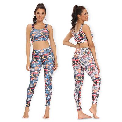 China European and American cartoon printing breathable digital leisure sports yoga suit style short vest waist pants suit the top for sale